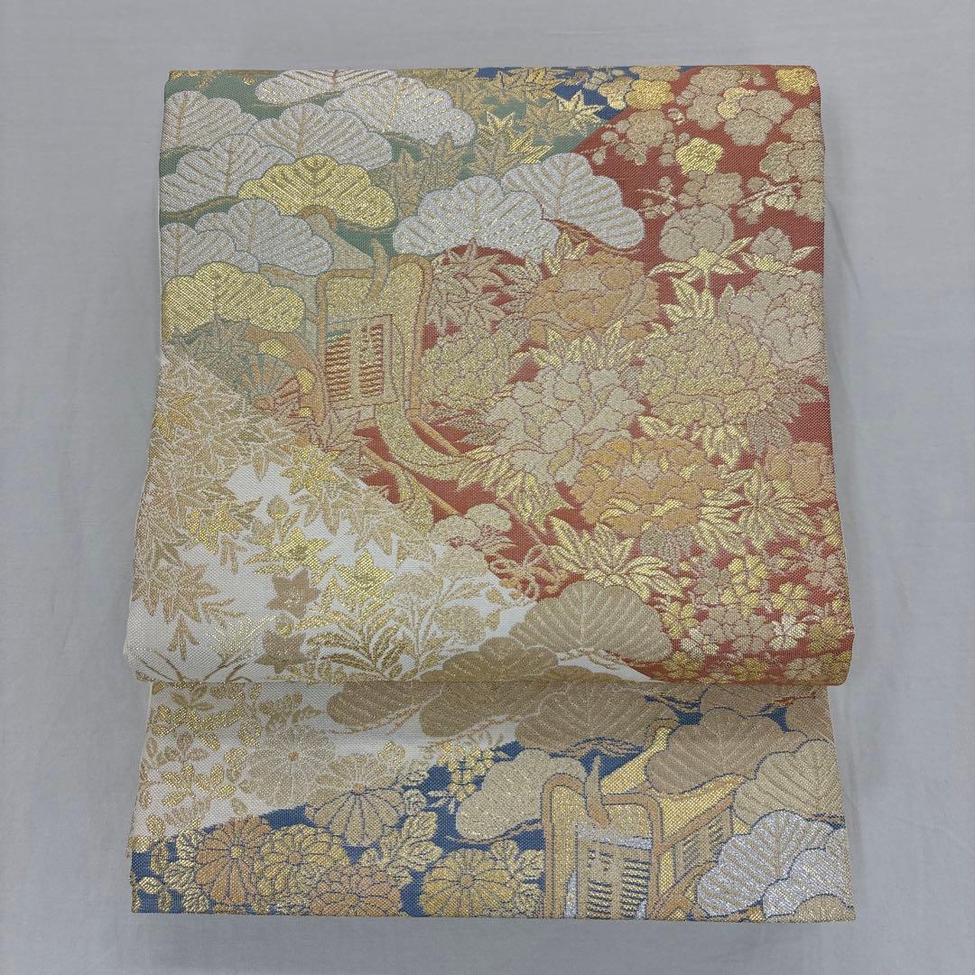 特選新品西陣名門藤織物正絹 正倉院庭園文錦織礼装袋帯（色留袖、訪問着、無地適品）