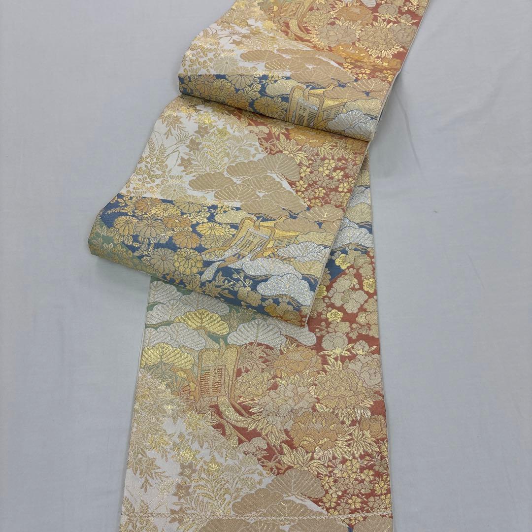 特選新品西陣名門藤織物正絹 正倉院庭園文錦織礼装袋帯（色留袖、訪問着、無地適品）