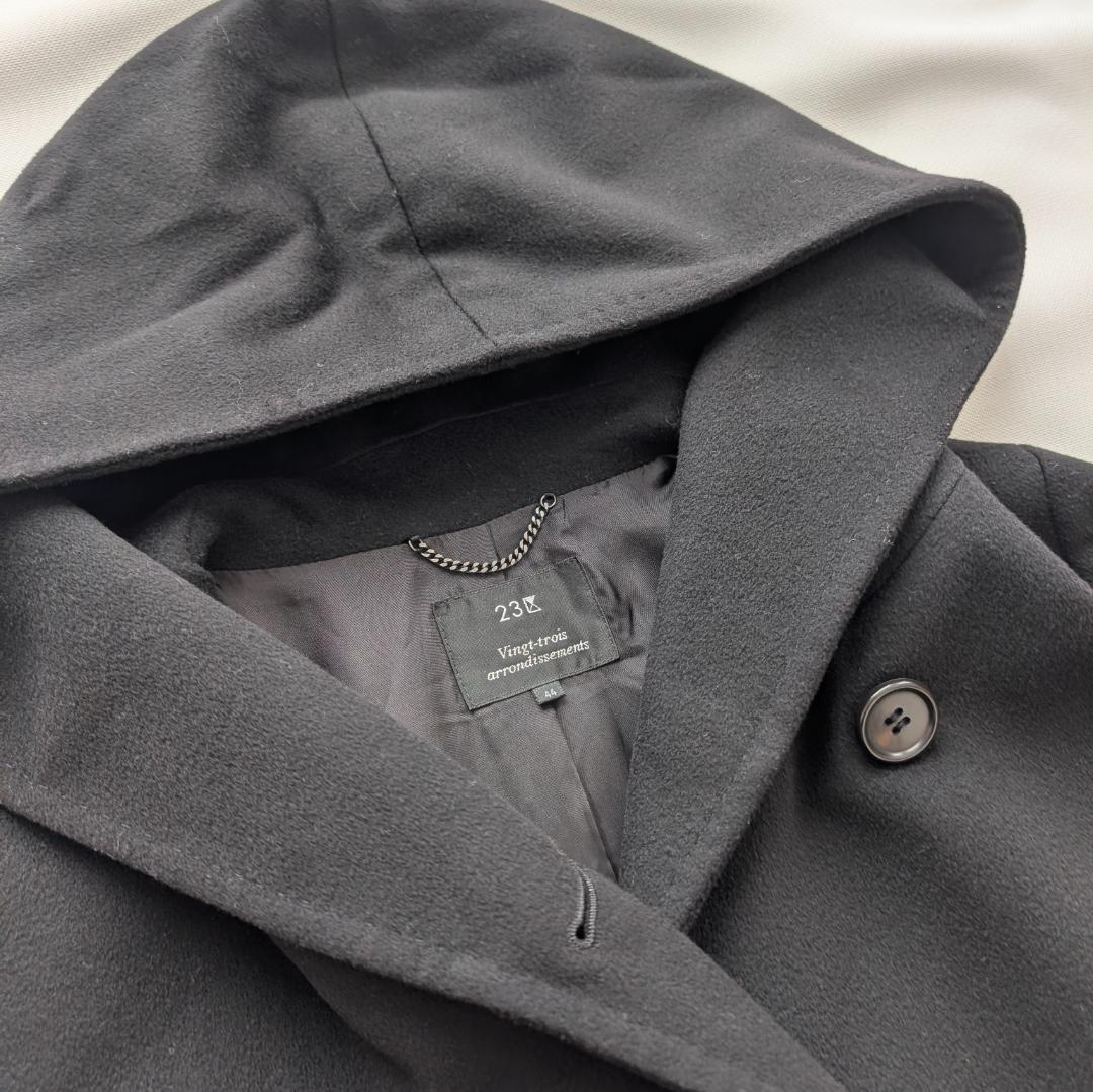 美品✨️23区 カシミヤ混 フーデットコート 大きいサイズ 44 ブラック