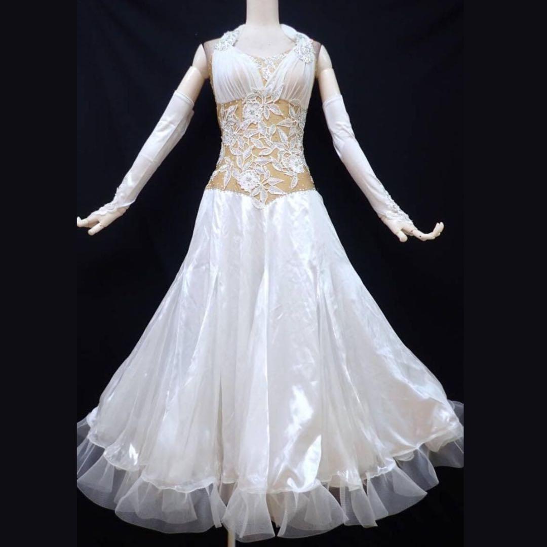 6356★Sサイズ★オフ白/微光沢サテン/スタンダードドレス☆社交ダンス