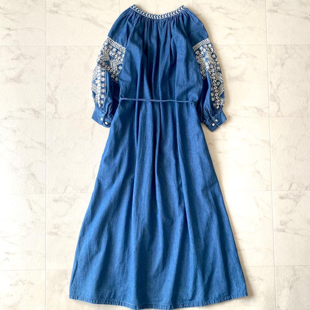 極美品☆グレースクラス デニム刺繍ワンピース ボリューム袖 七分丈 ゆったり