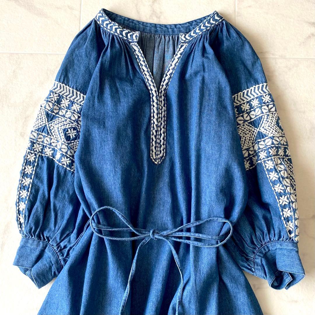 極美品☆グレースクラス デニム刺繍ワンピース ボリューム袖 七分丈 ゆったり