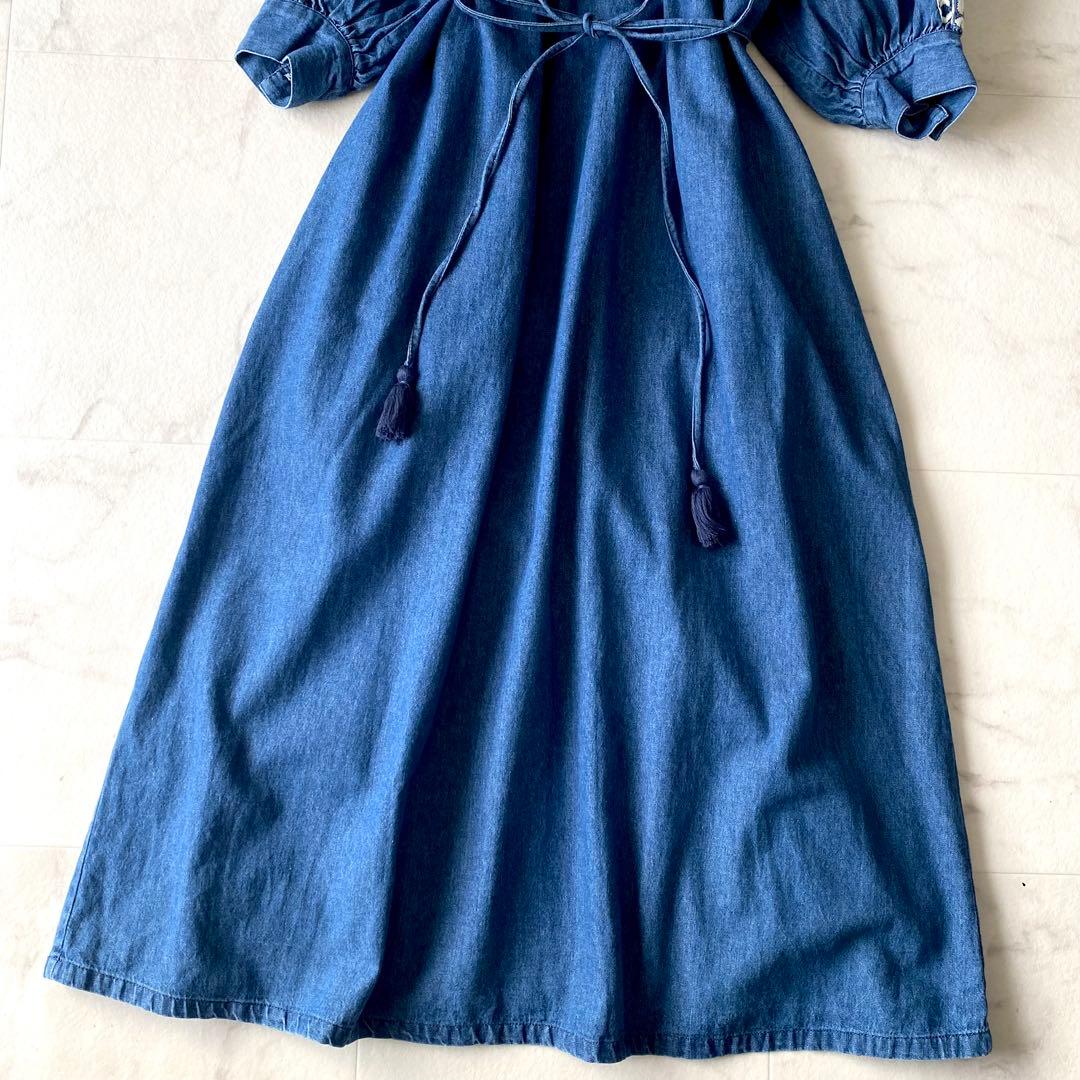 極美品☆グレースクラス デニム刺繍ワンピース ボリューム袖 七分丈 ゆったり