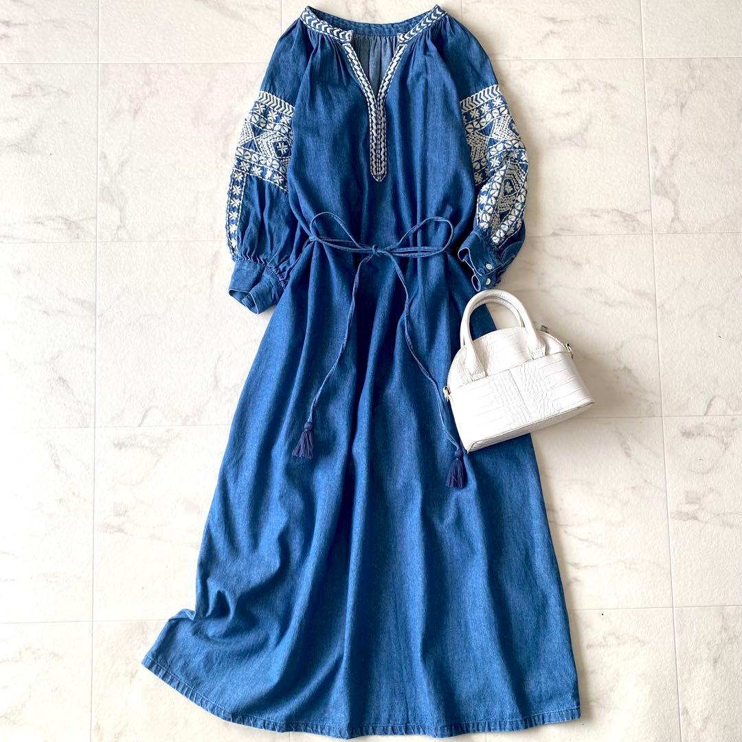 極美品☆グレースクラス デニム刺繍ワンピース ボリューム袖 七分丈 ゆったり