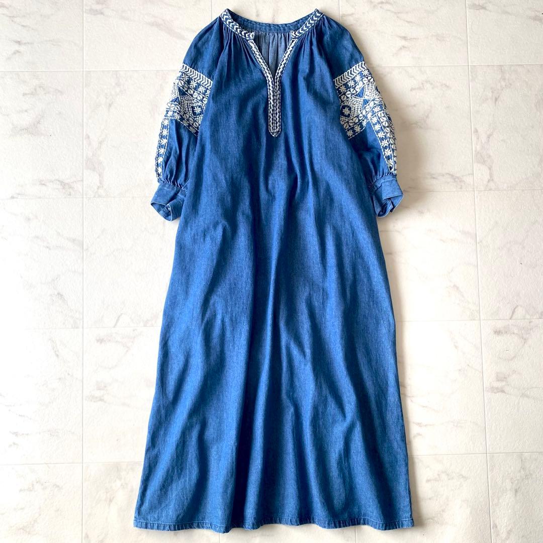 極美品☆グレースクラス デニム刺繍ワンピース ボリューム袖 七分丈 ゆったり