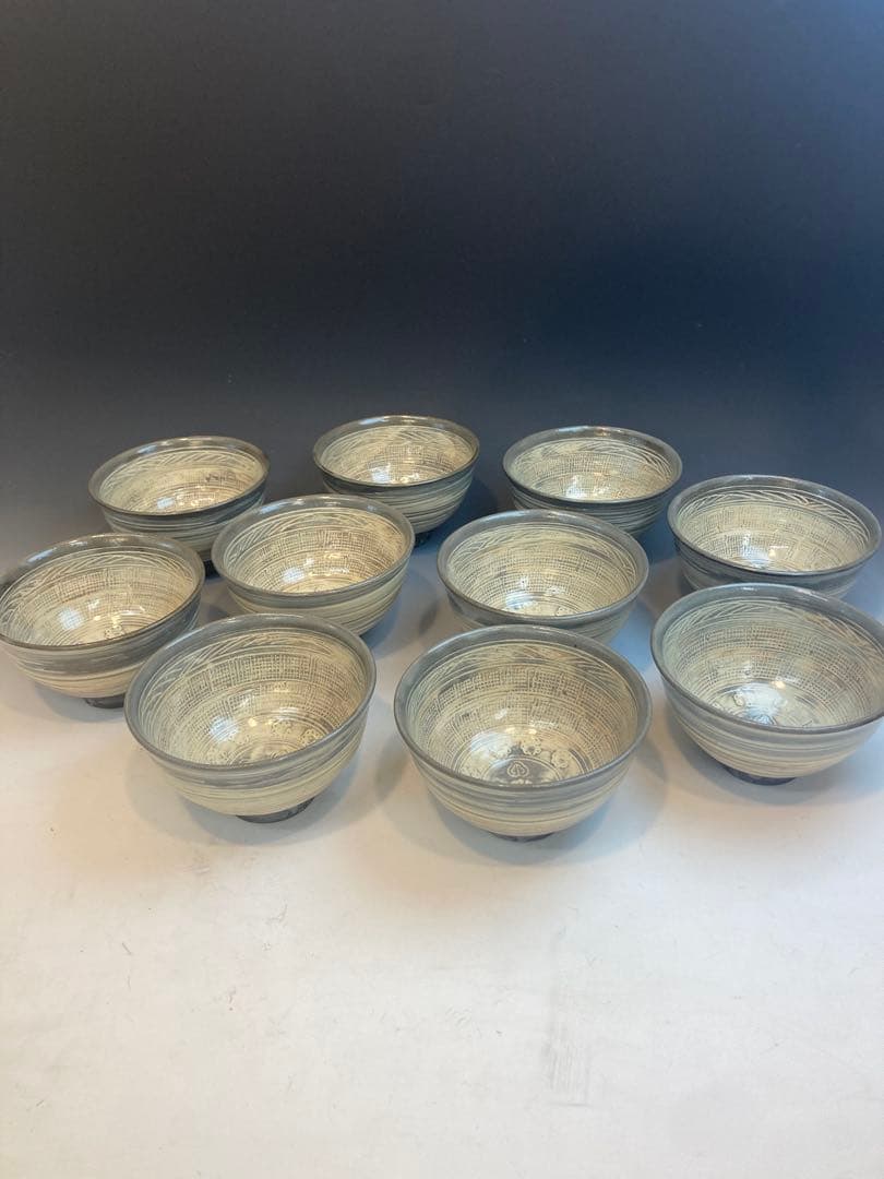 菰山窯 宮田豊 作 三島数茶碗10客 共箱 茶道具