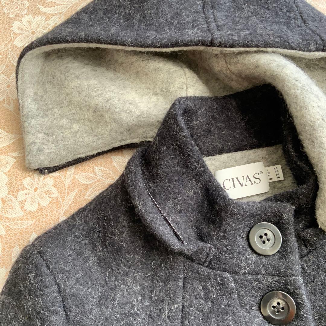 イタリア老舗　CIVAS 取外しフード付きウールコート42　チャコールG×グレー