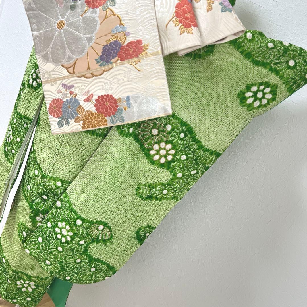 469 振袖フルセット 正絹 グリーン 緑 総絞り 駒刺繍 三越 百貨店 高級