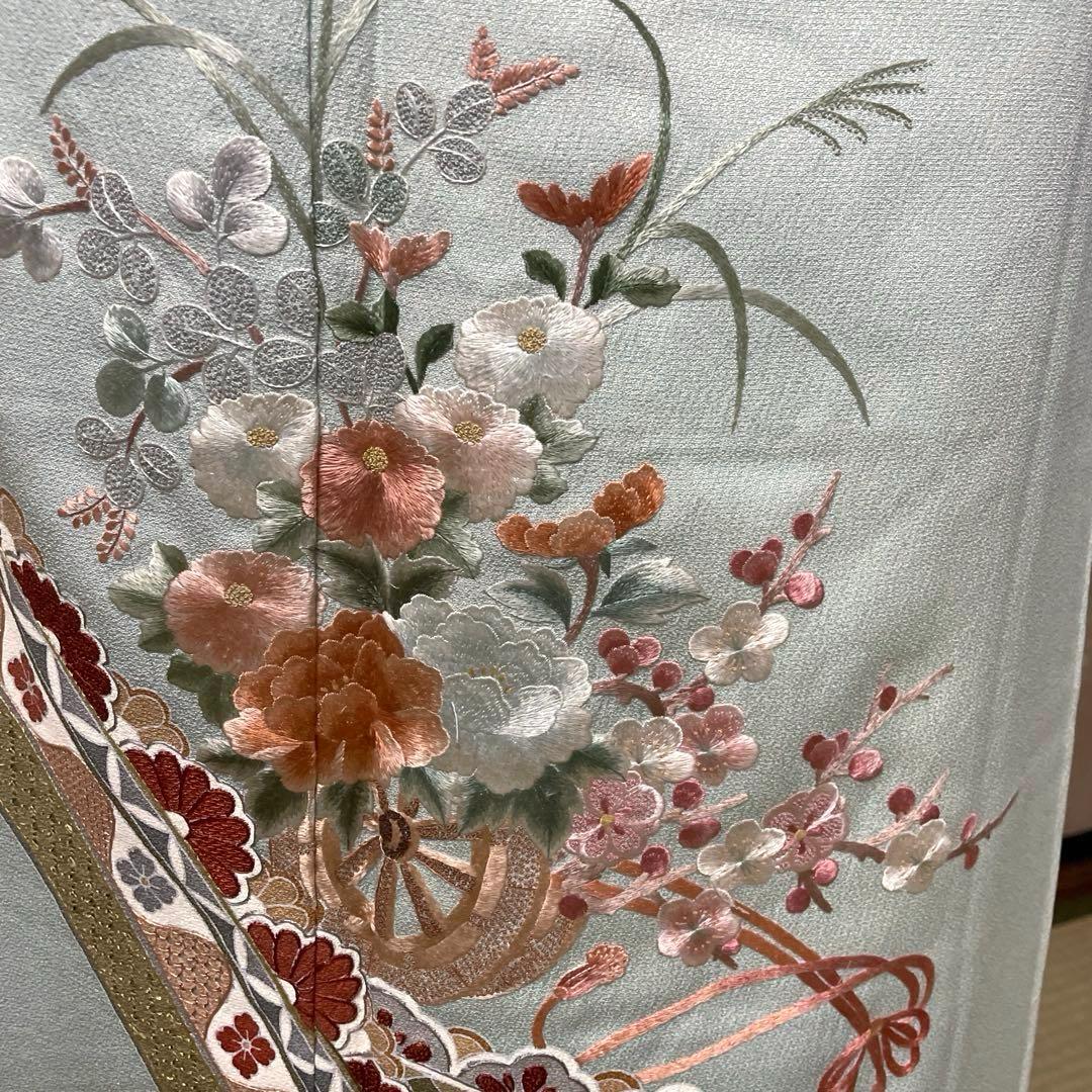正絹　水色刺繍付下げ　高級美品