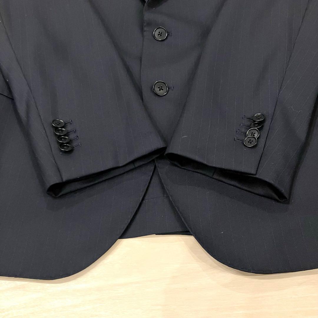 極美品✨HILTON スーツ ３ピース ネイビー 本切羽 高級 ストライプ M