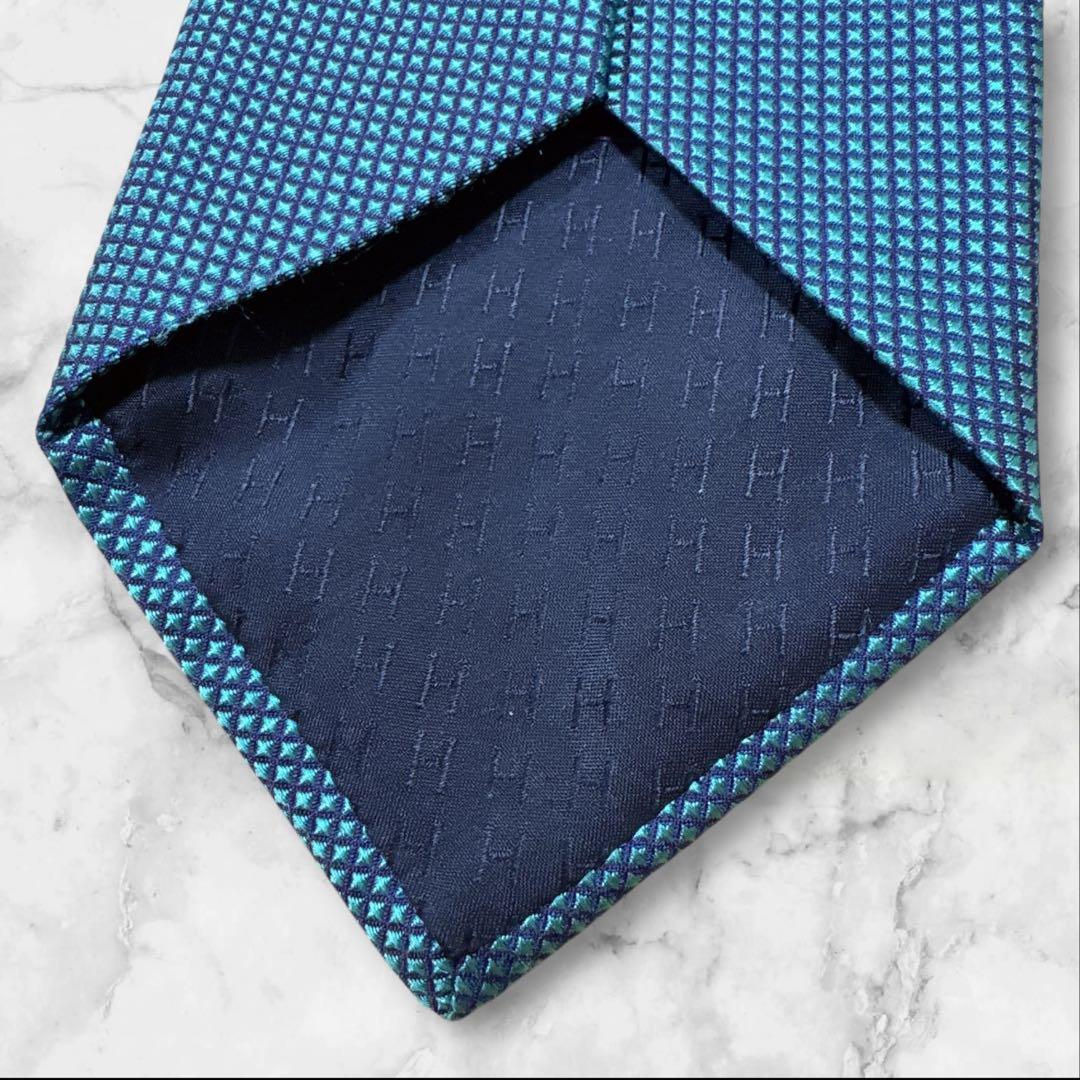 エルメス　ネクタイ　ソリッド　無地　光沢　ブルーグリーン