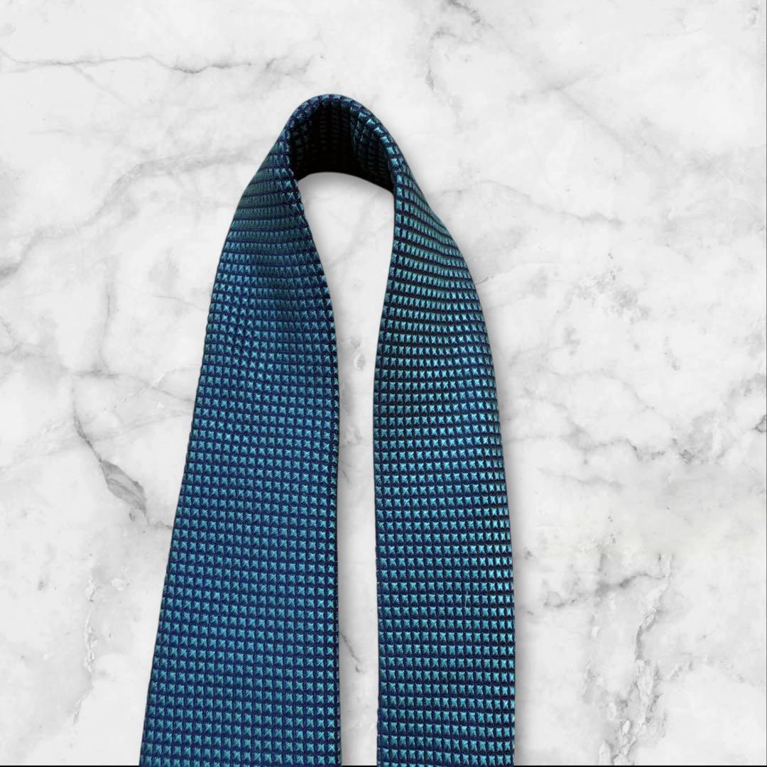 エルメス　ネクタイ　ソリッド　無地　光沢　ブルーグリーン