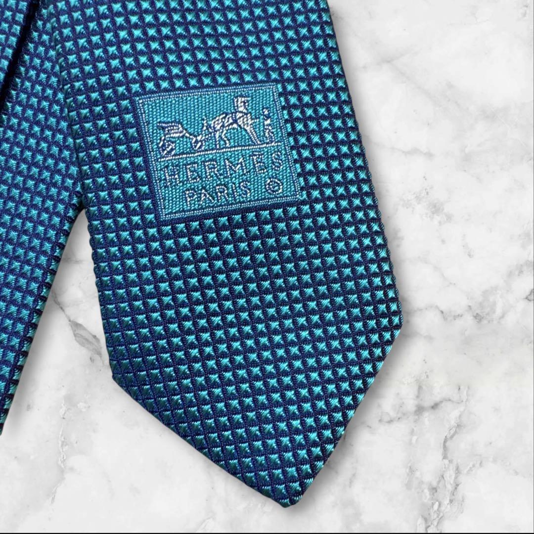 エルメス　ネクタイ　ソリッド　無地　光沢　ブルーグリーン