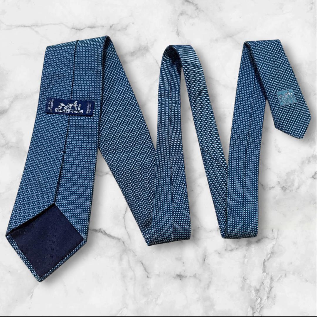 エルメス　ネクタイ　ソリッド　無地　光沢　ブルーグリーン