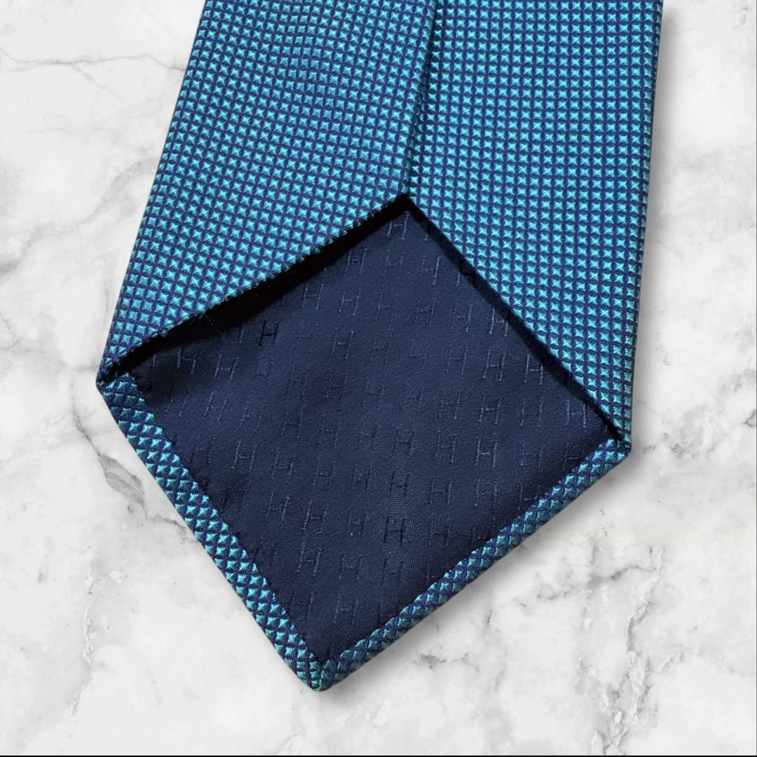 エルメス　ネクタイ　ソリッド　無地　光沢　ブルーグリーン