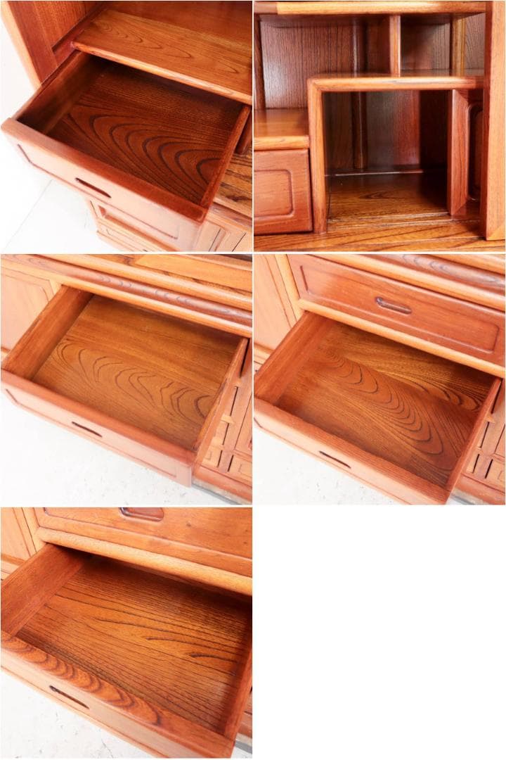 逸品！欅無垢 美しい杢目 大型 茶箪笥 高さ154cm ガラス戸 違い棚 飾り棚