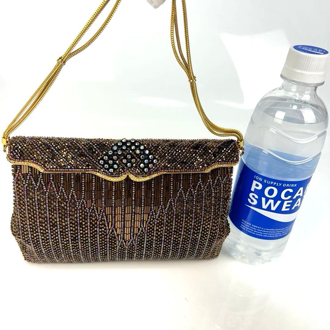 【未使用級】ルミーはしもと　ビーズバッグ　ブロンズ　ゴールドチェーン　ビジュー