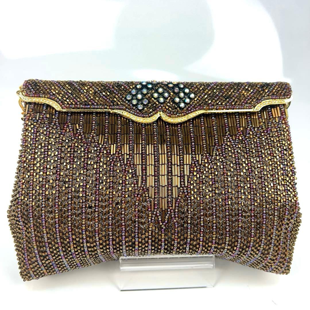 【未使用級】ルミーはしもと　ビーズバッグ　ブロンズ　ゴールドチェーン　ビジュー