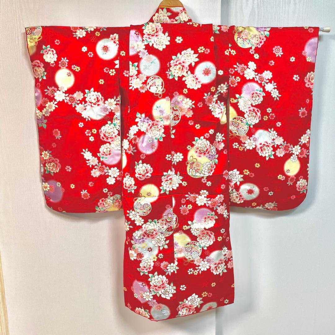 七五三 絹 着物 被布 9点セット 女の子 ３歳 753 赤 フルセット