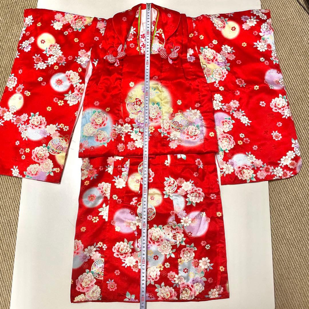 七五三 絹 着物 被布 9点セット 女の子 ３歳 753 赤 フルセット