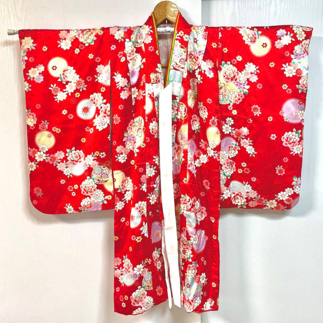 七五三 絹 着物 被布 9点セット 女の子 ３歳 753 赤 フルセット