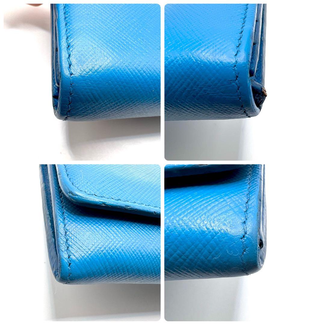 極美品✨PRADA 長財布 サフィアーノ シャインロゴ レザー フラップ ブルー