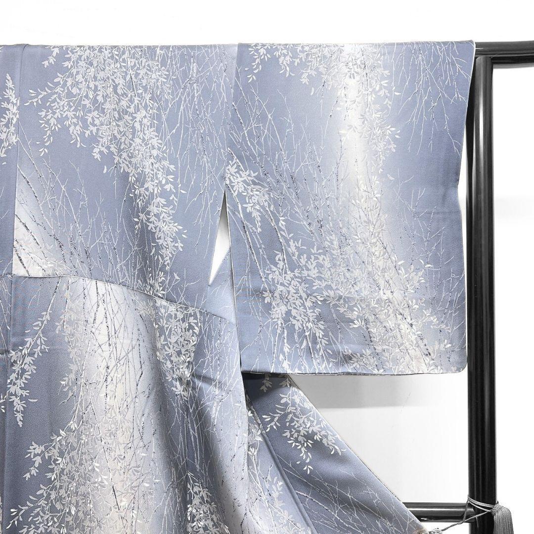 小紋　ぼかし　リーフ模様　木々　くすみブルー　着物　123b p ms