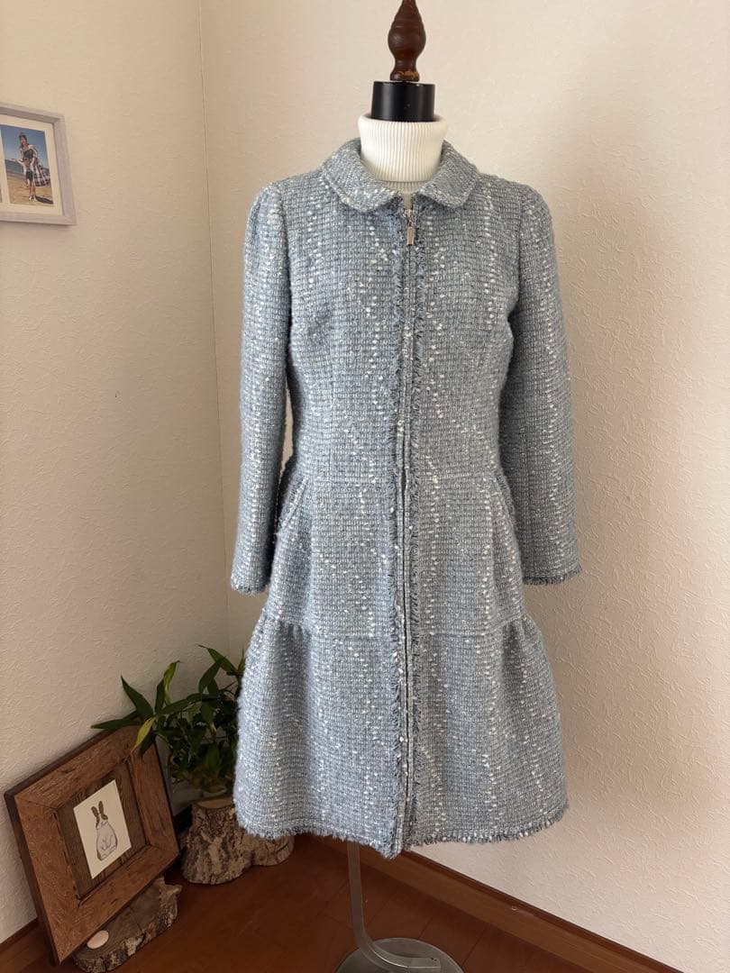 水色 ツイード風 ロングコート