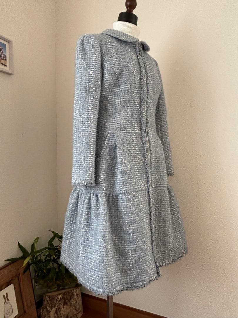 水色 ツイード風 ロングコート
