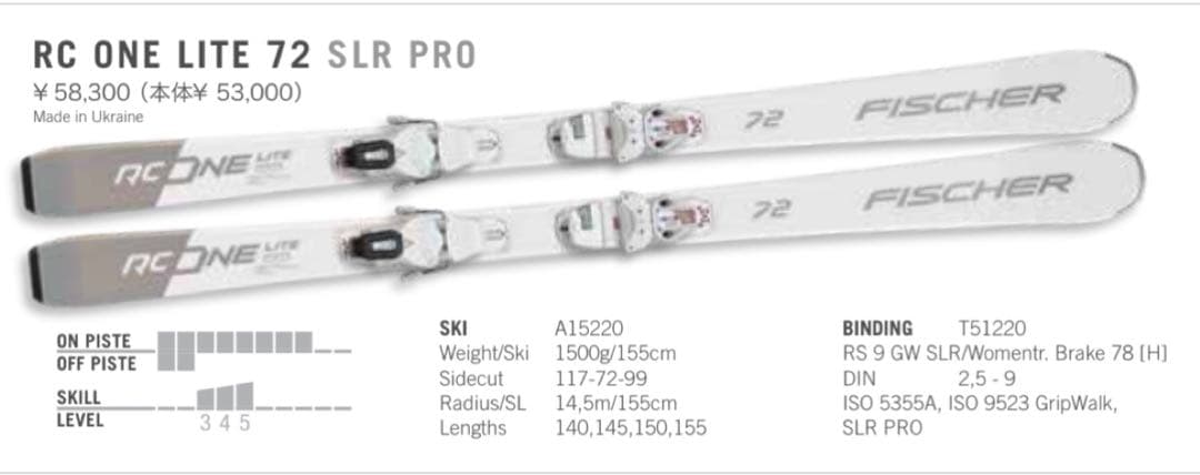 FISCHER フィッシャー RC ONE LITE 72 スキー板　レディース