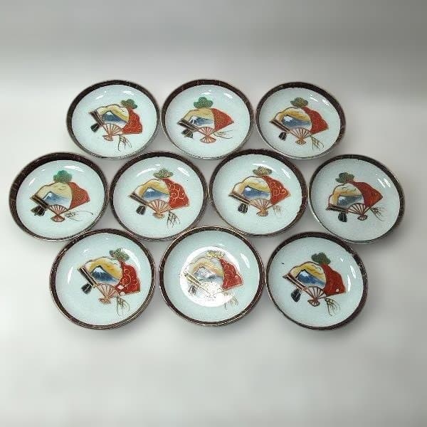 伊万里 色絵 扇面 富士 松 手塩皿 10枚 染付 逸品 古美術