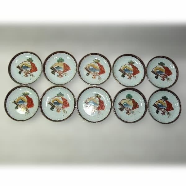 伊万里 色絵 扇面 富士 松 手塩皿 10枚 染付 逸品 古美術