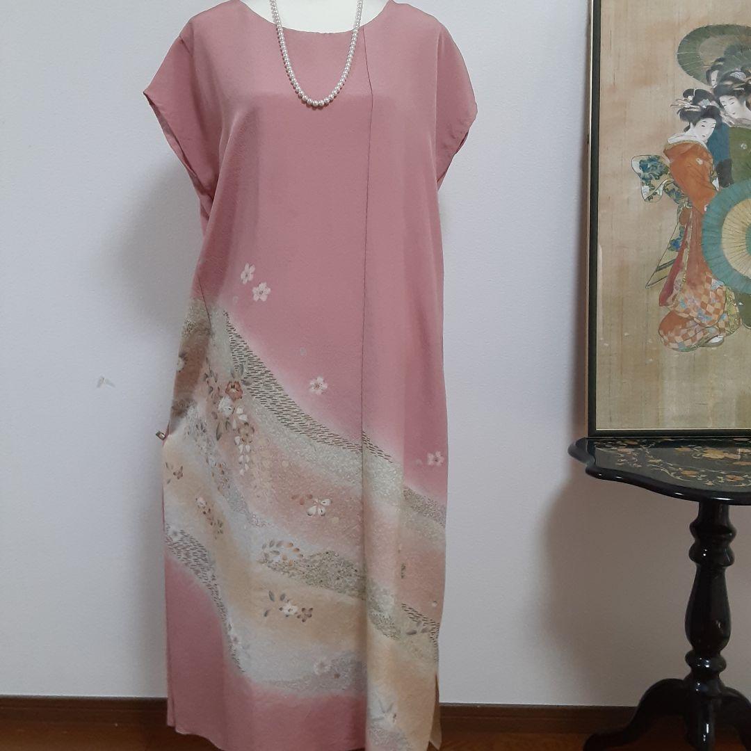 お値下げ……リメイク着物ロングワンピース正絹Ｌボレロ付き