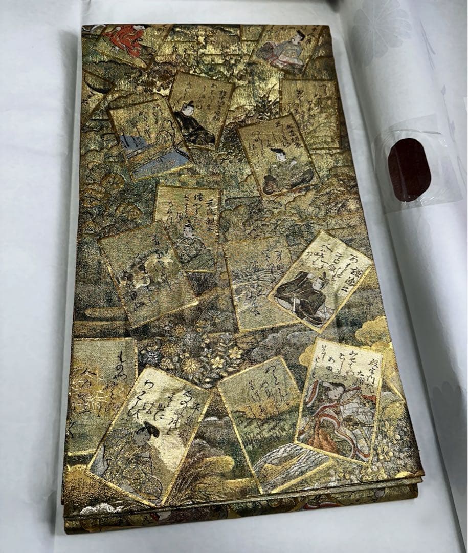 ご成約 お値下げ！極逸品 正絹袋帯 光琳かるた 小倉百人一首 分析通知書証明付き