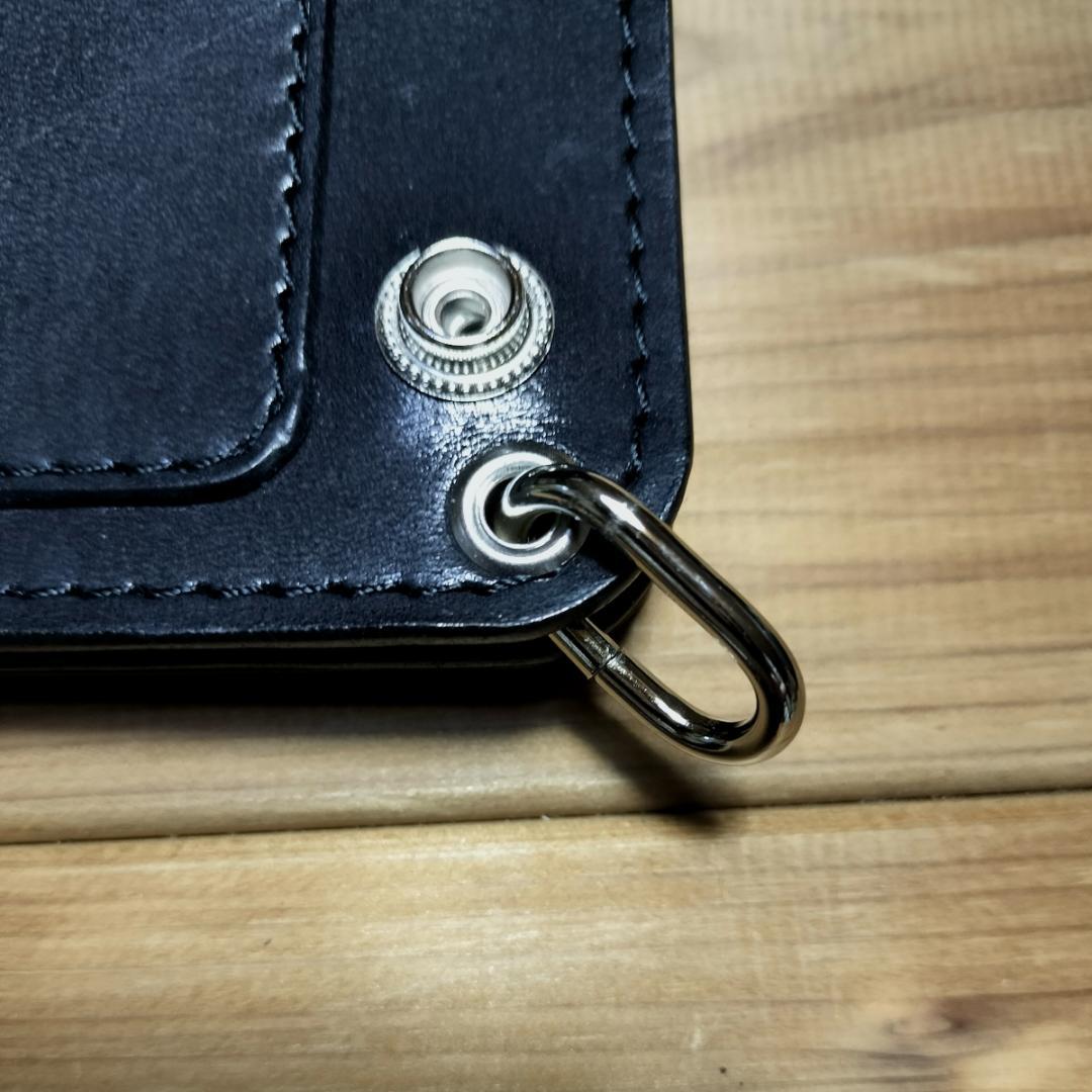 栃木レザー　ワイルドサドル　黒　札ポケット付きミドルトラッカーウォレット