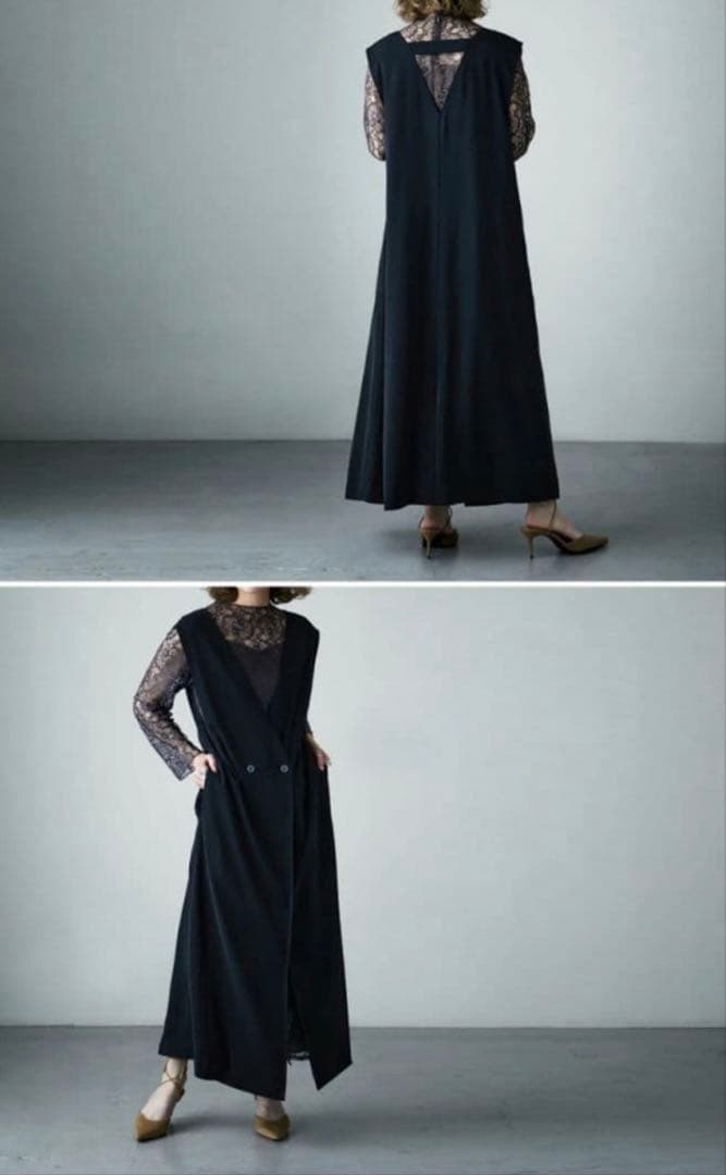 【etoll.】ロングジレレイヤードレースワンピース チャコール お呼ばれドレス