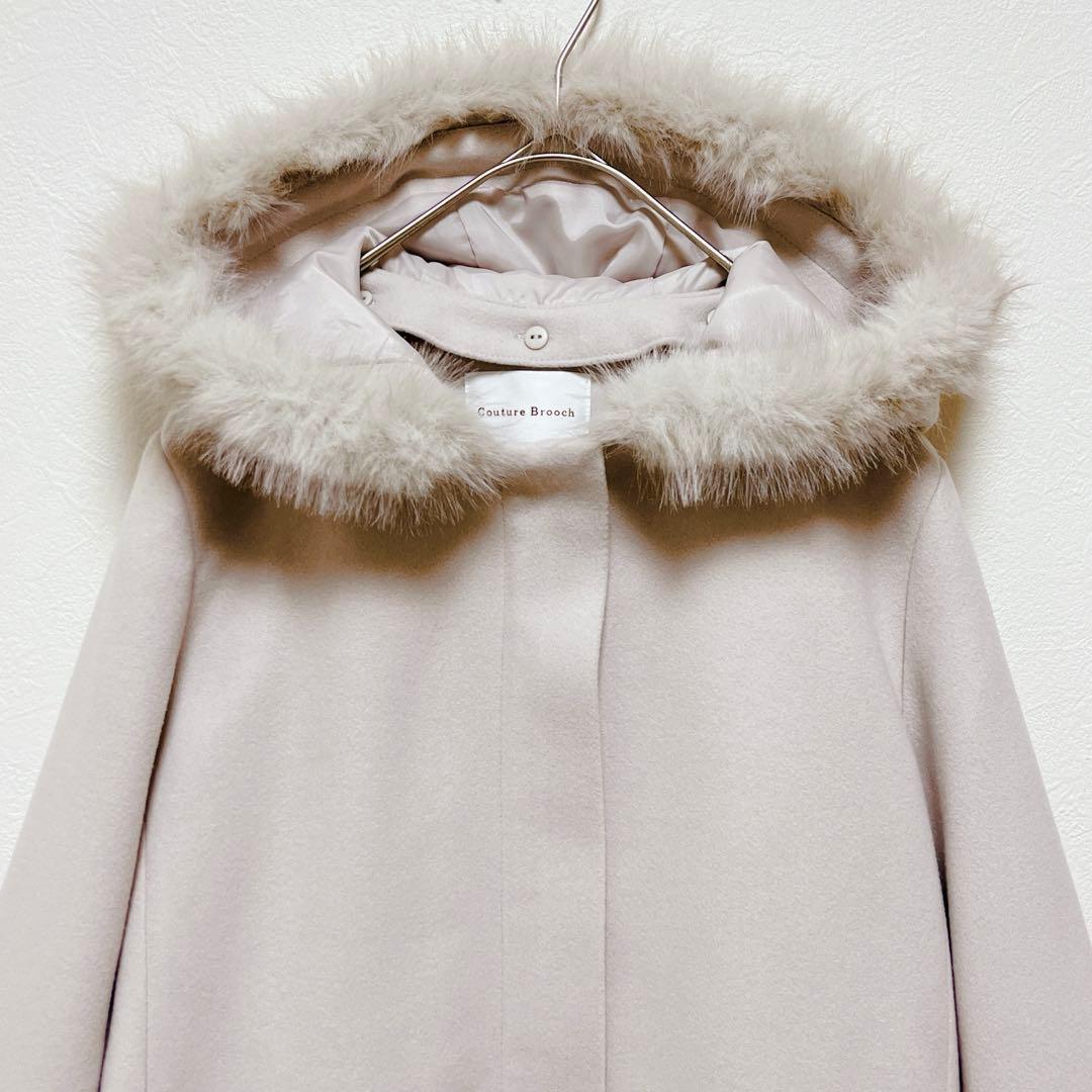 【クチュールブローチ】フードフェイクファー ハーフ丈コート/未使用品/25AW