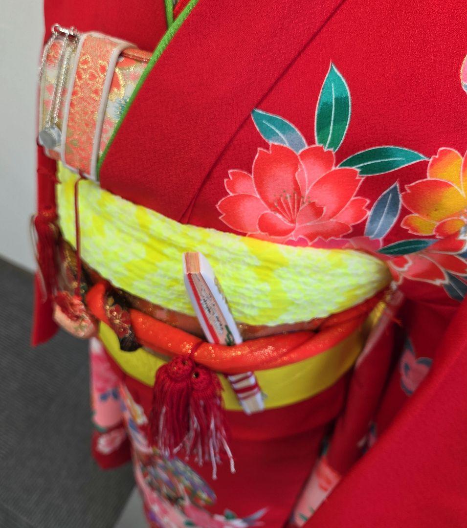 七五三 7歳 120cm ポリエステル 赤 つくり帯　髪飾り