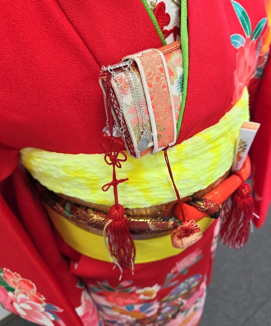 七五三 7歳 120cm ポリエステル 赤 つくり帯　髪飾り