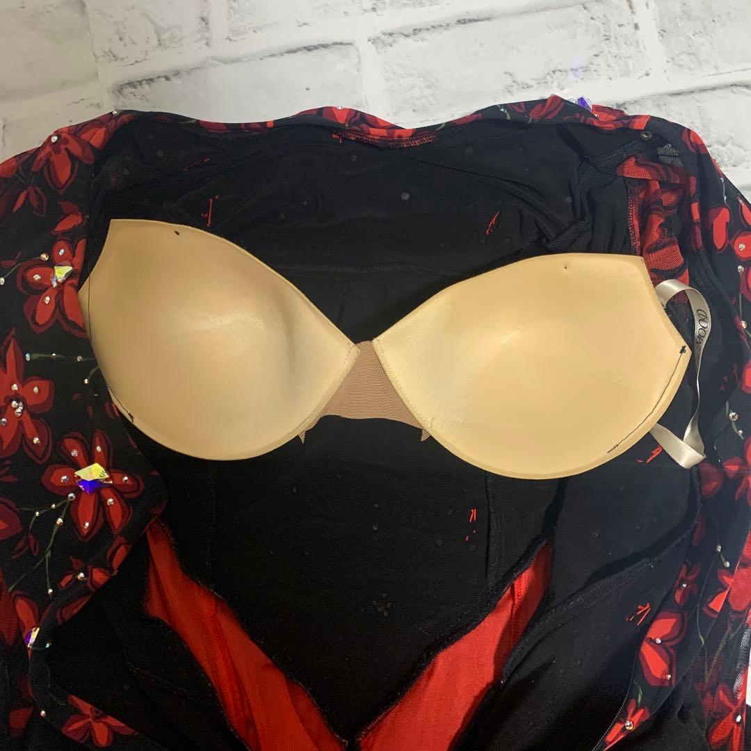 【in the MOOD】日本製　社交ダンス　花柄　赤黒カラー　ドレス　L