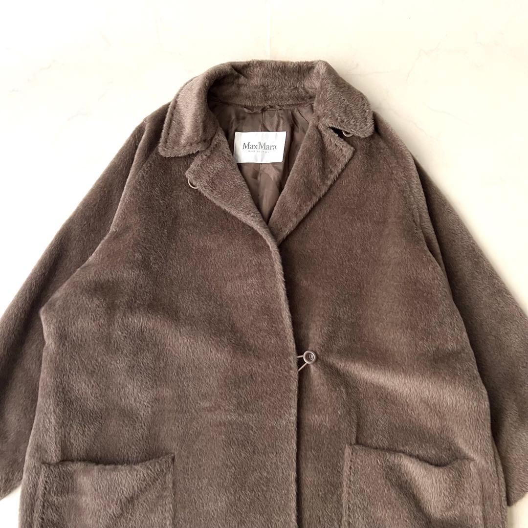 極美品 マックスマーラ アルパカ シャギー 白タグ ロングコート ブラウン 40