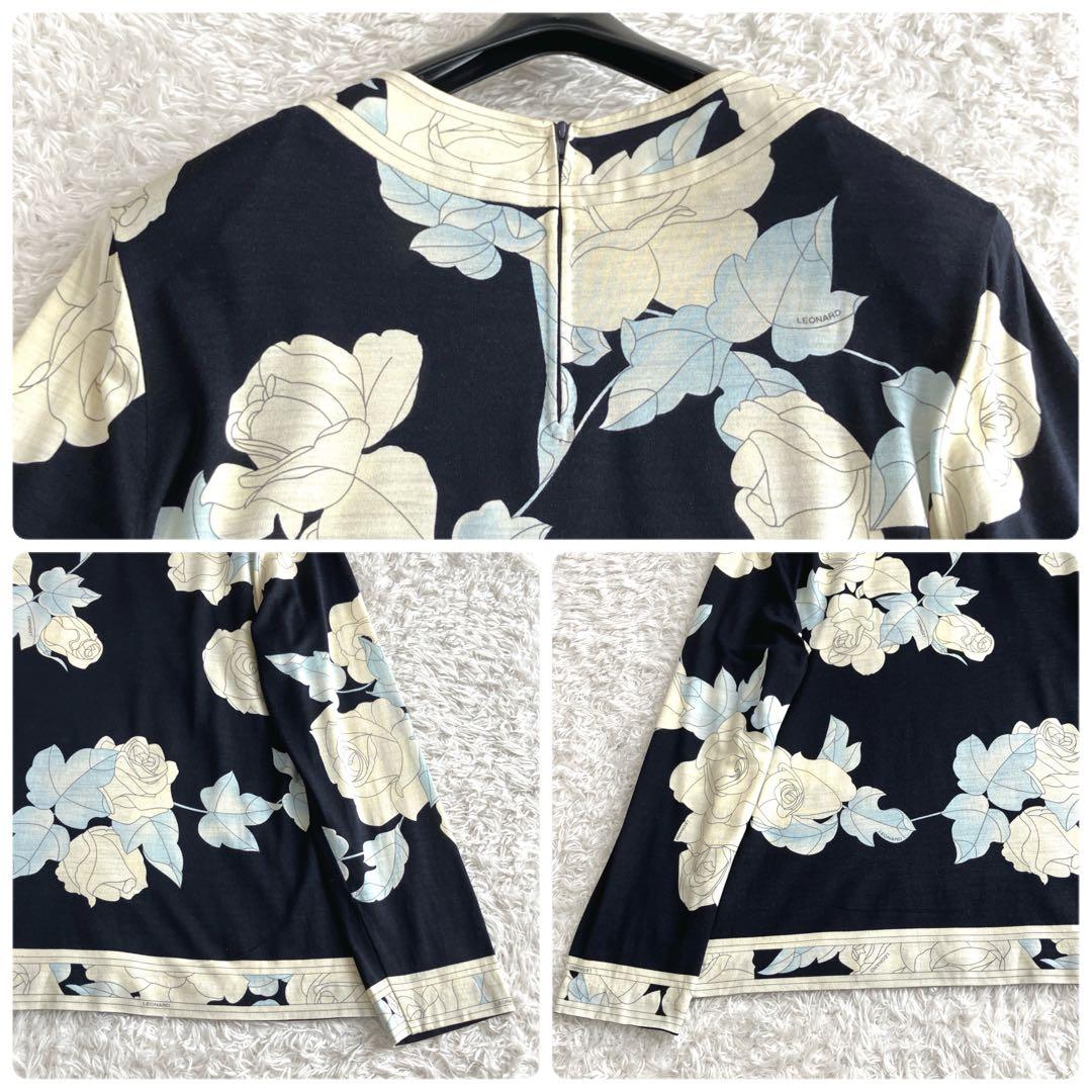 サイズ44✨シルク混 レオナール カットソー トリム 薔薇 花 濃紺 黄 2XL