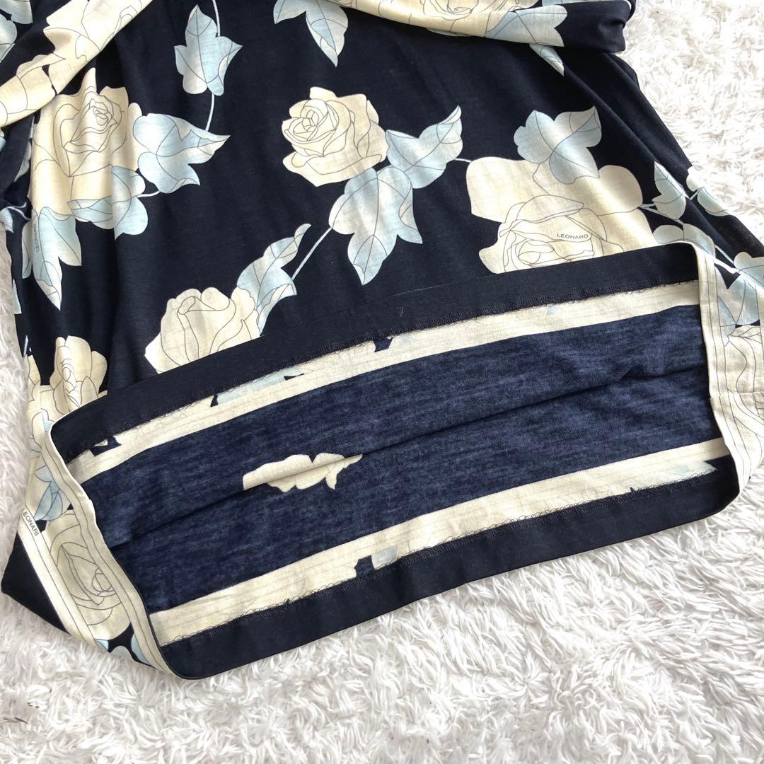 サイズ44✨シルク混 レオナール カットソー トリム 薔薇 花 濃紺 黄 2XL