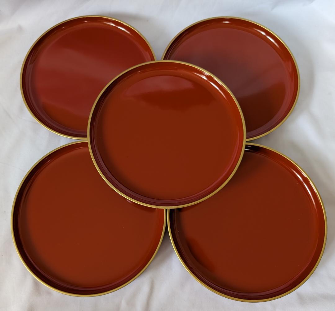 りむりむ　高級山中塗　漆塗宝来シリーズ　天然木　漆器　金彩 7寸 大皿5枚