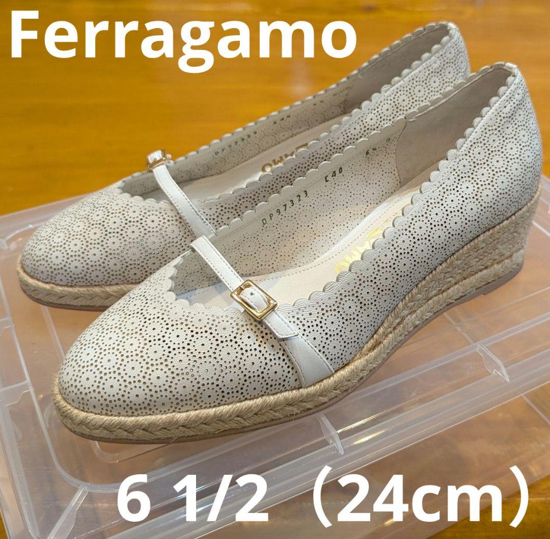 【美品】サルヴァトーレフェラガモ　パンチング　エスパドリーユ　パンプス　ホワイト