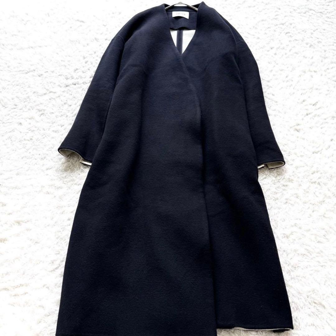 美品✨エンフォルド ウールソフトリバーノーカラーコート ロング 紺M