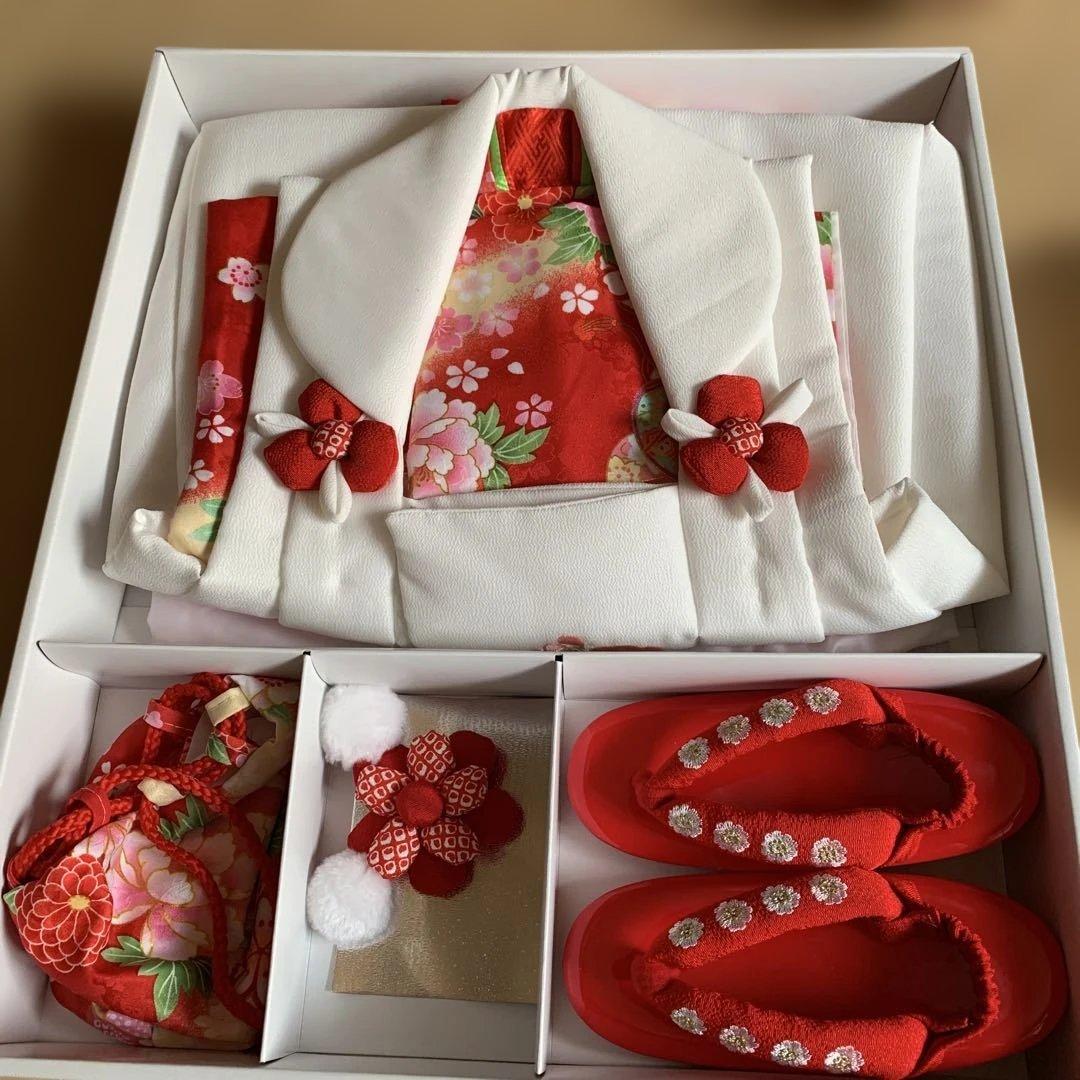 お宮参り用 赤色花柄衣装セット