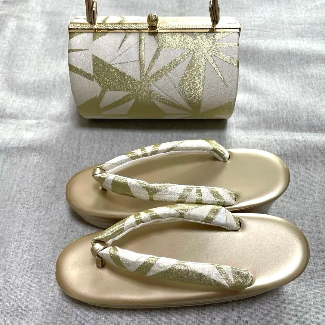 和装用バッグ　厚底草履のセット　ゴールド　成人式　振袖