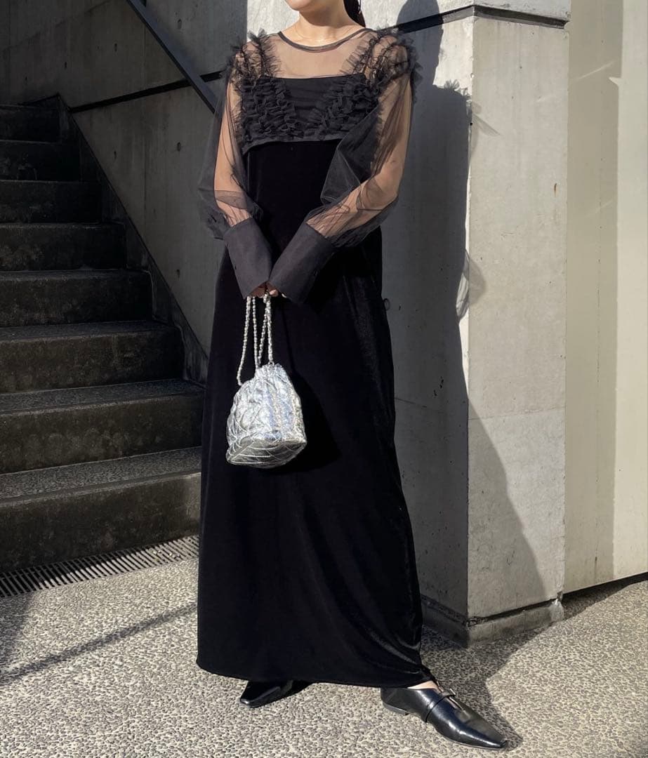 シースルーフリル袖 ブラックロングドレス