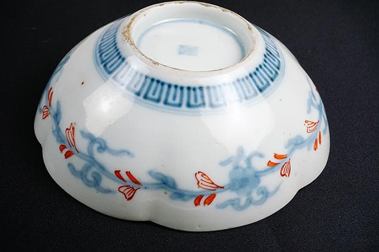 古伊万里色絵手描染付絵付け花形向付五客